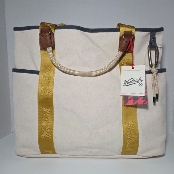 NWT Woolrich x Target Large Canvas Tote Bag Yellow Branded Webbing Carabiner - Picture 1 of 10
